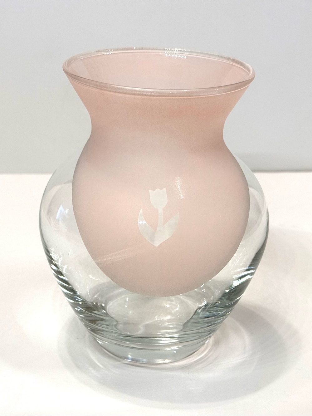 Vintage Pink Frosted & Clear Glass Tulip Vase - 5.75”